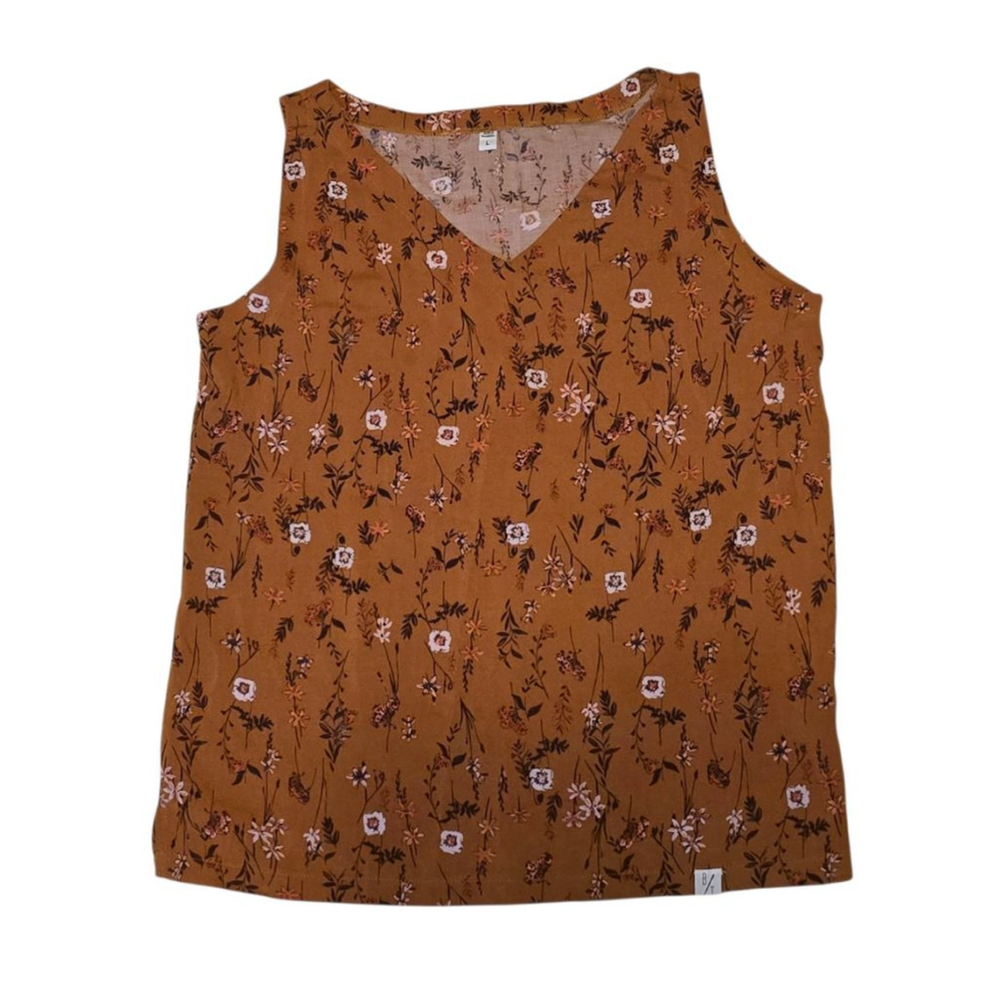 BYTAVI Brown Floral V-Neck Tank Top‎ L Dressy Casual Vacation Resort